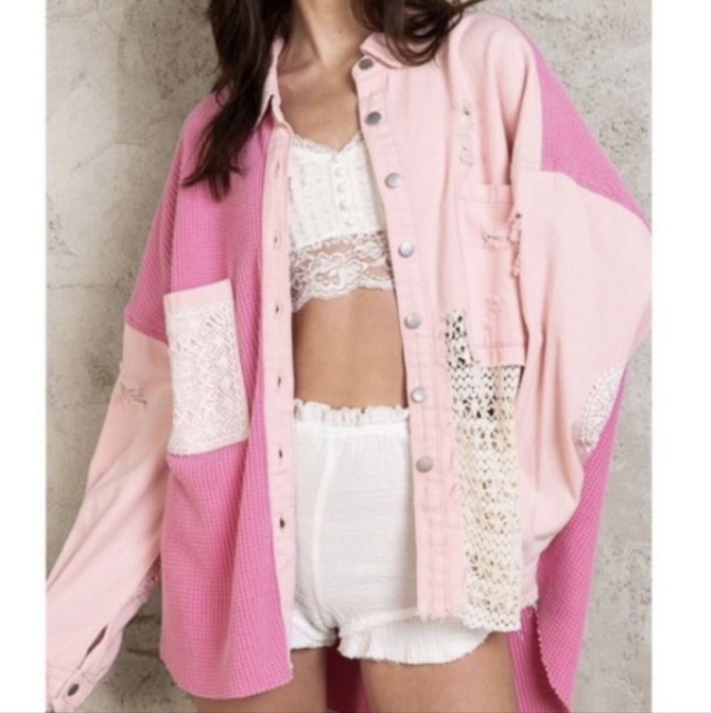 POL Barbie Pink Patchwork Button Down Crochet Lace Denim Oversized Fit, M